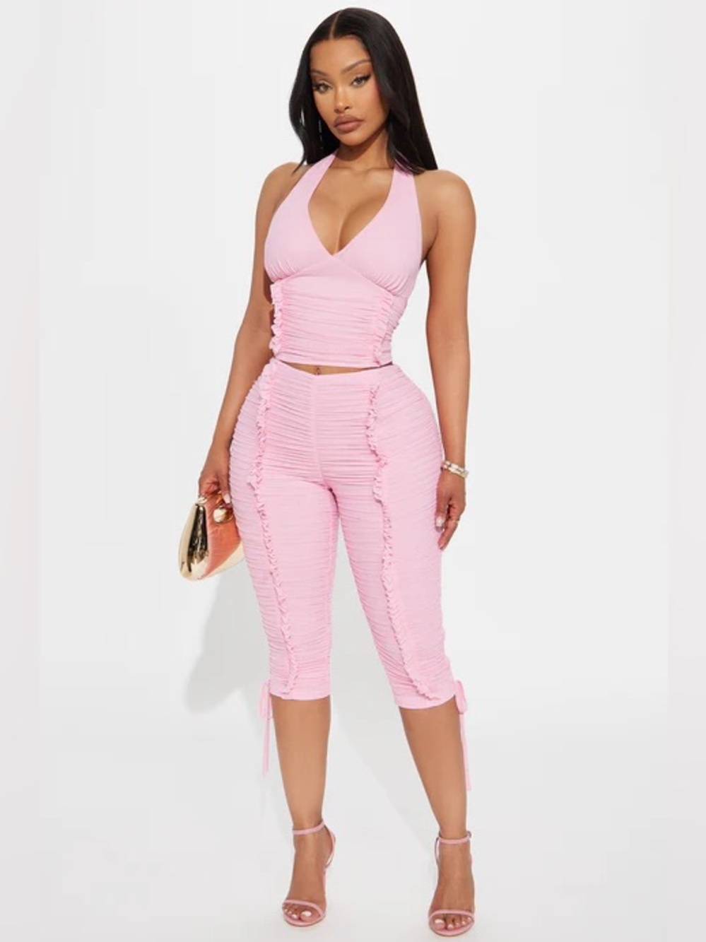 Fashion Nova - Ruched Halter Crop Top and Capri Pants Set - Pink, Large